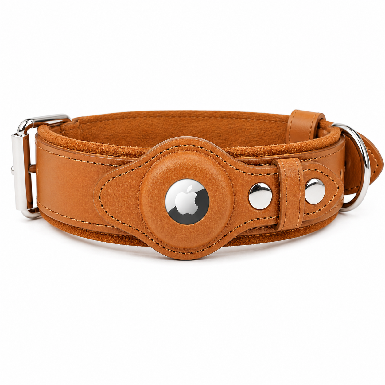 Heavy Duty Leather Dog Collar with Airtag Pocket - Tan